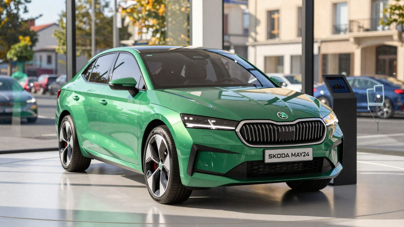 Carro verde Skoda May24 exposto em showroom com iluminação natural e fundo urbano desfocado.