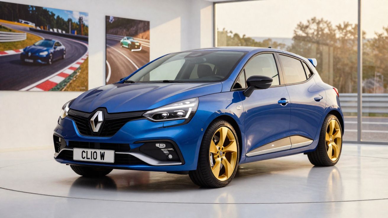 Carro Renault Clio azul com rodas douradas exibido em ambiente interno com painel de fotos de corrida.