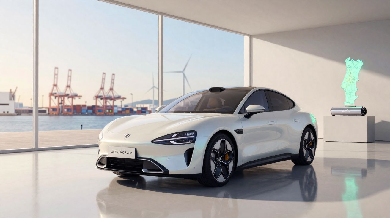 Carro elétrico branco estacionado em showroom com janelas amplas e vista para porto e turbinas eólicas.