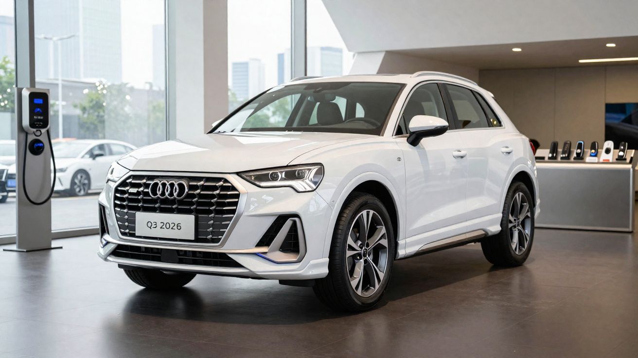 Carro branco Audi Q3 2026 exposto em showroom moderno com carroceria SUV e detalhes cromados.