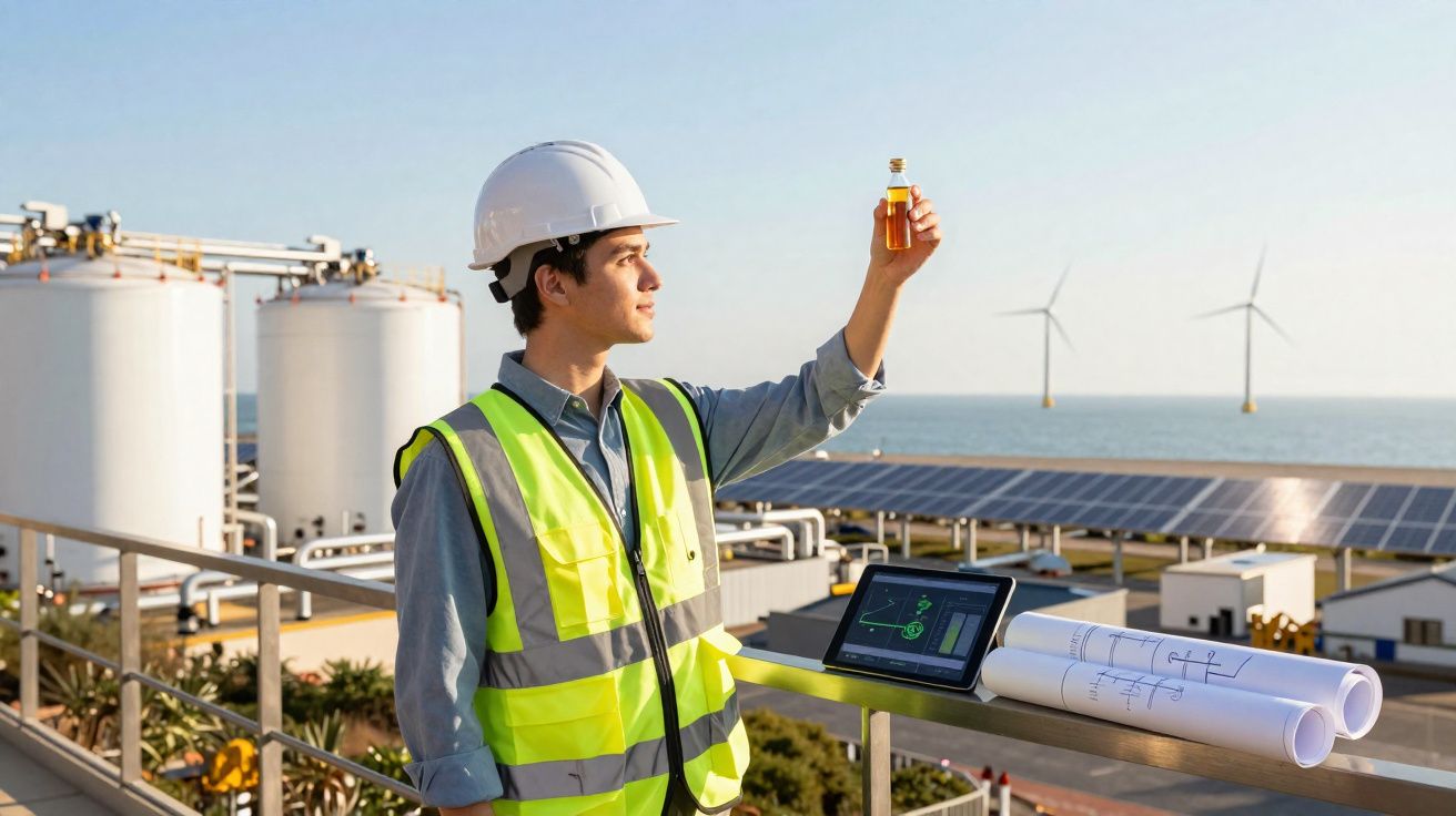 Engenheiro em colete e capacete avalia amostra química em usina com painéis solares e turbinas eólicas ao fundo.