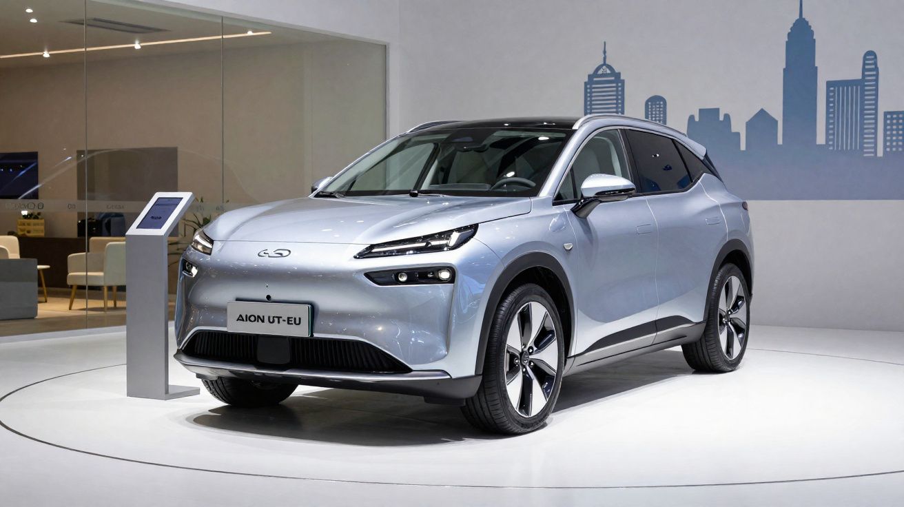 Carro elétrico prata Aion UT-EU exposto em salão com fundo de parede decorada com skyline azul.