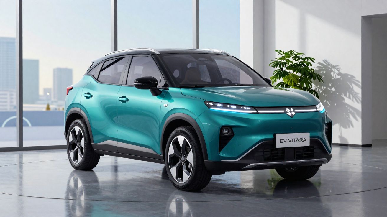Carro SUV elétrico verde água com teto preto, modelo EV Vitara, em ambiente interno moderno e iluminado.