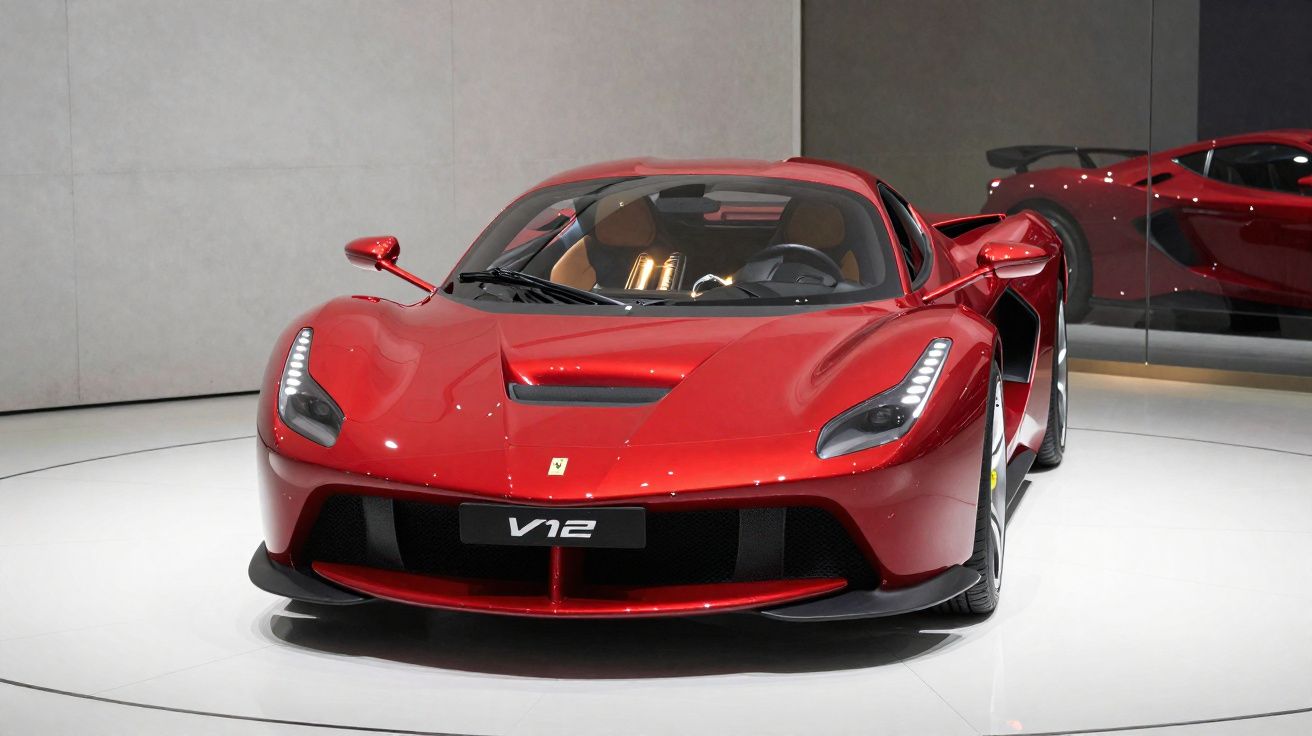 Carro esportivo vermelho Ferrari V12 exibido em ambiente interno sofisticado com espelho ao fundo.