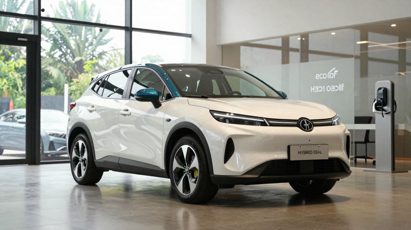 Carro SUV híbrido branco com teto preto exposto em showroom moderno com grandes janelas e estação de recarga elétrica.