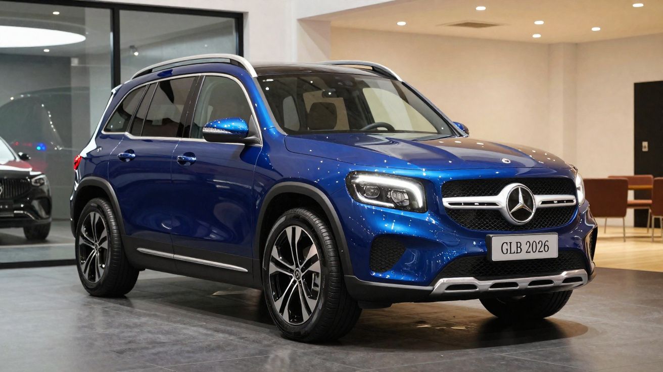 Carro SUV Mercedes-Benz GLB 2026 azul, exibido em showroom moderno com iluminação interna.