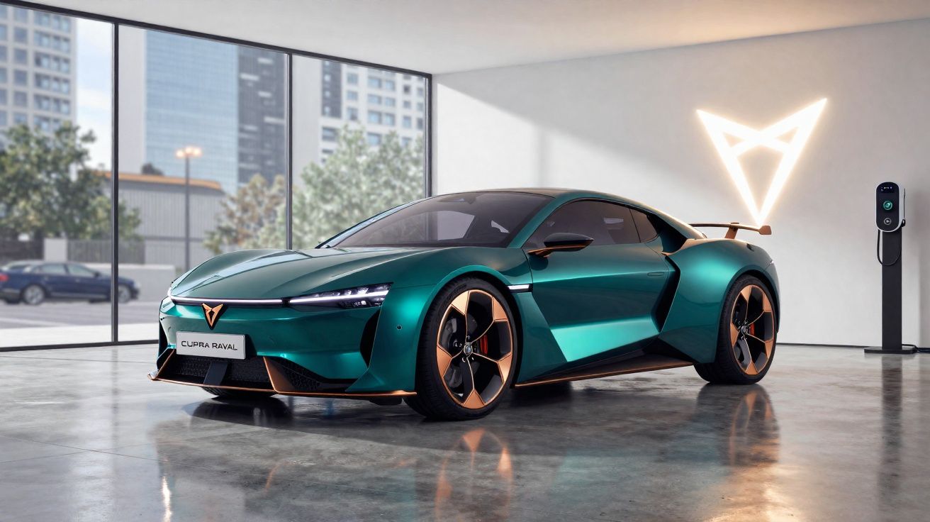 Carro esportivo elétrico Cupra Raval verde em showroom moderno com carregador elétrico ao lado.
