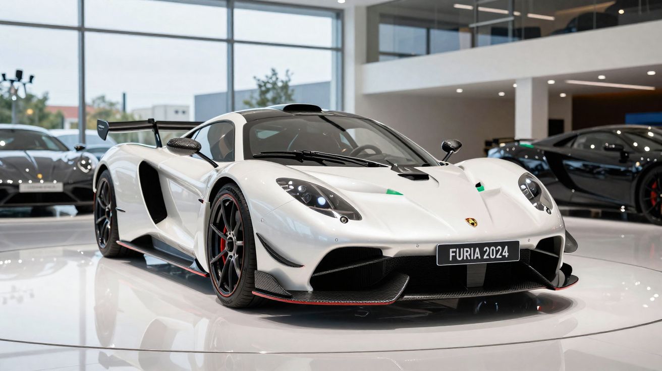 Carro esportivo branco com aerofólio em exposição interna, placa FURIA 2024, ambiente moderno com outros carros ao fundo.