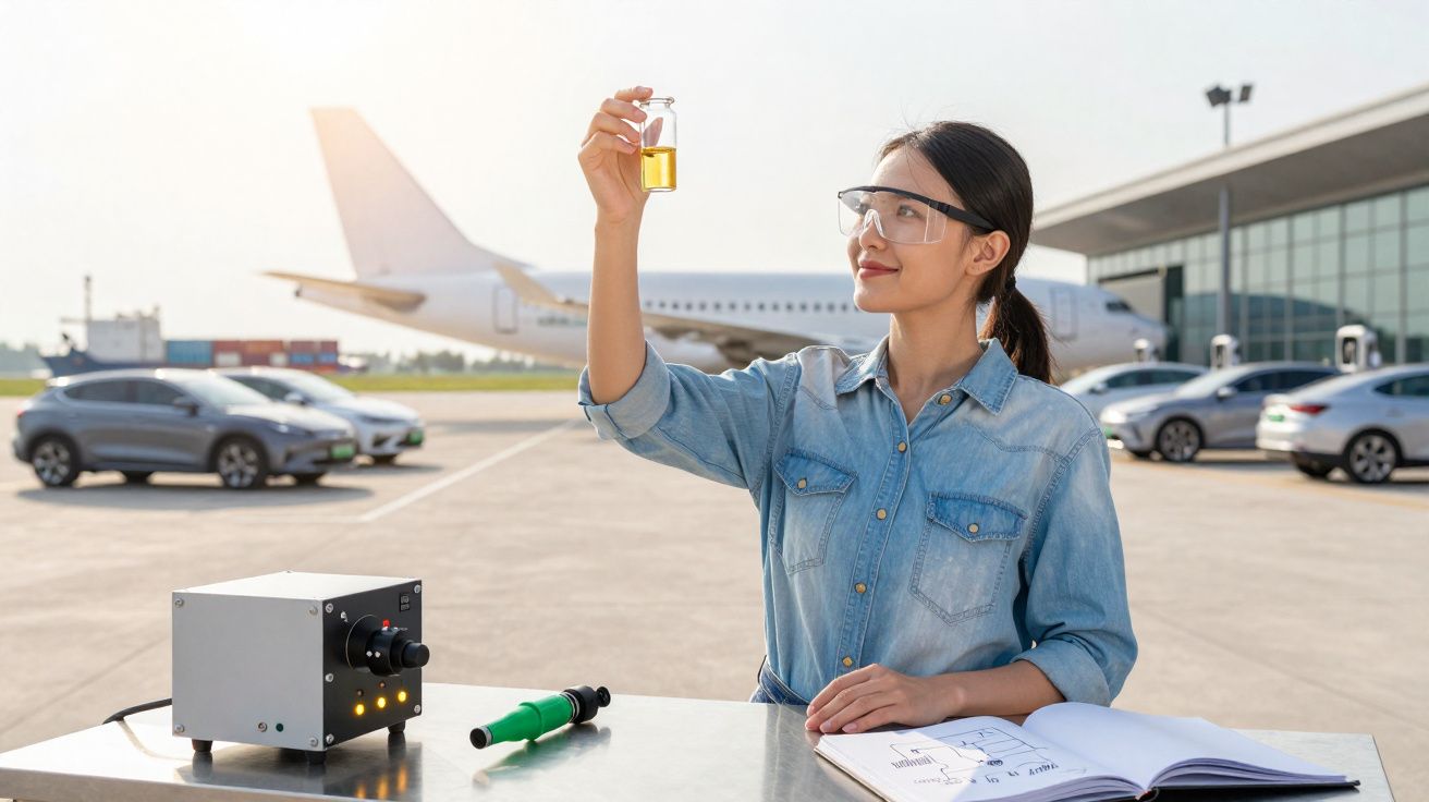 Mulher com óculos de proteção analisando líquido amarelo em recipiente no pátio de aeroporto com avião ao fundo.