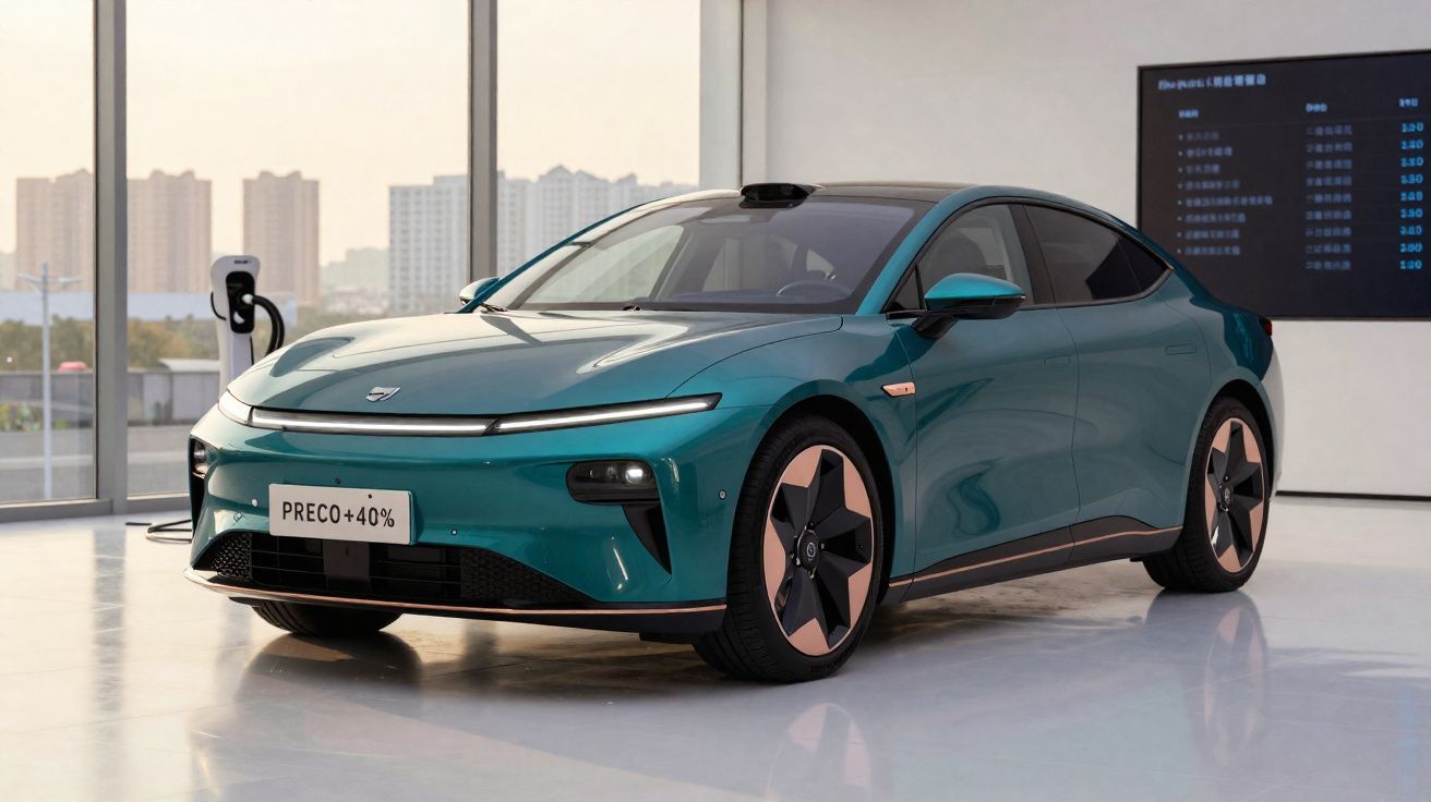 Carro elétrico verde com design moderno em ambiente interno, próximo a estação de recarga, com prédios ao fundo.