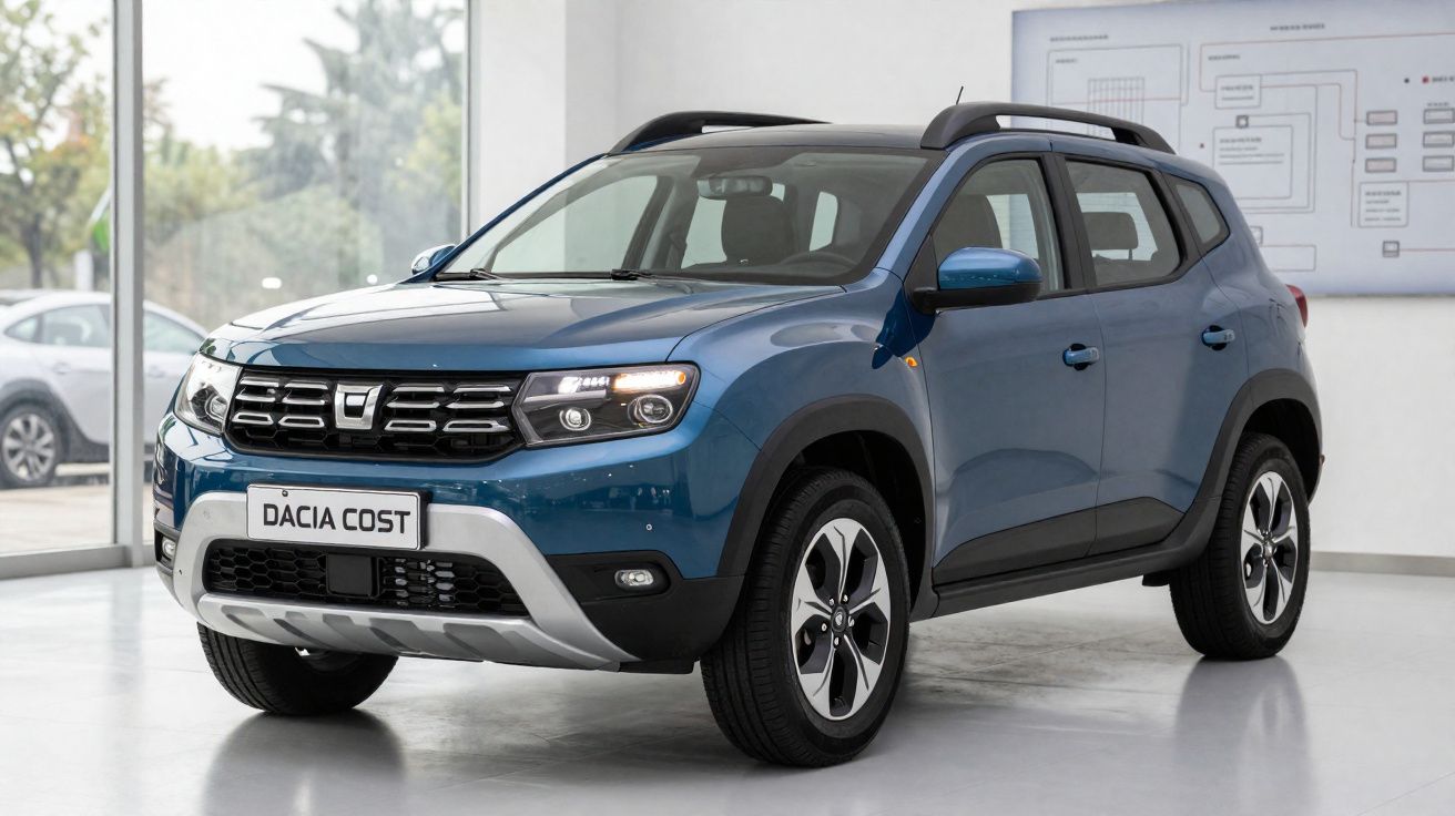 SUV azul Dacia Cost exposto em showroom com iluminação natural e piso claro.