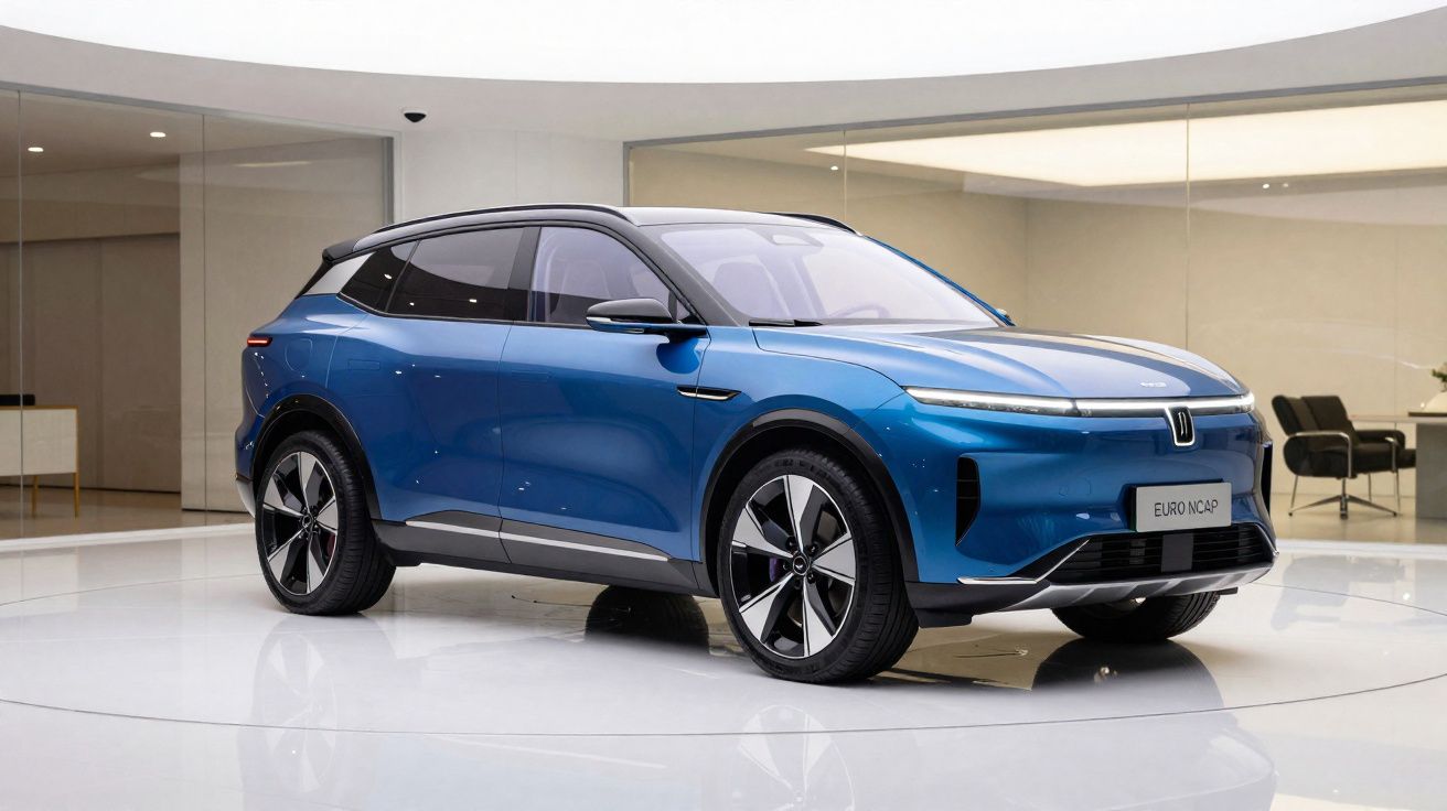 SUV elétrico azul em exposição com design moderno e aerodinâmico em ambiente interno clean.