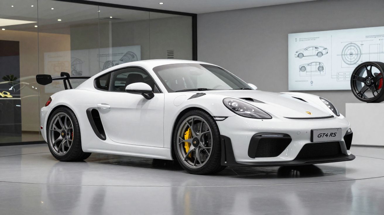 Carro esportivo branco Porsche GT4 RS em exibição em ambiente moderno com paredes de vidro.