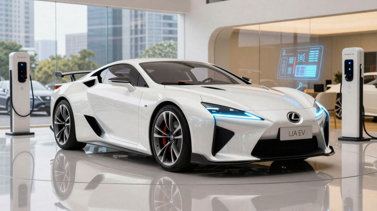Carro esportivo elétrico branco Lexus LIA EV em salão moderno com duas estações de carregamento.