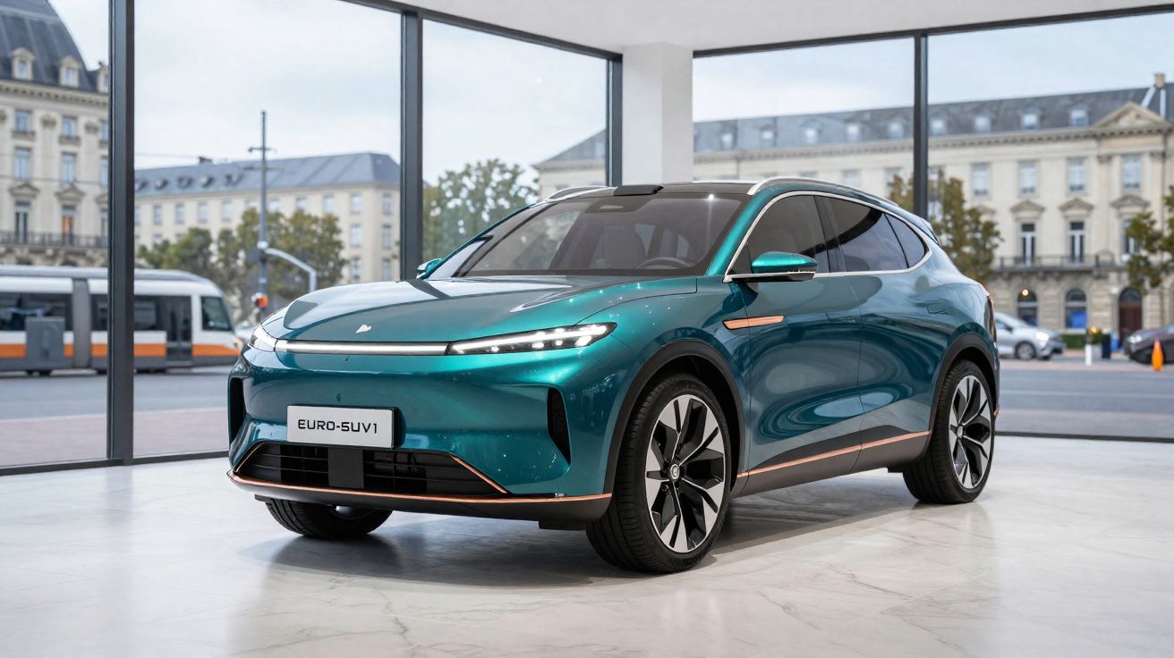 Carro SUV elétrico verde em exposição em ambiente urbano com grandes janelas ao fundo.