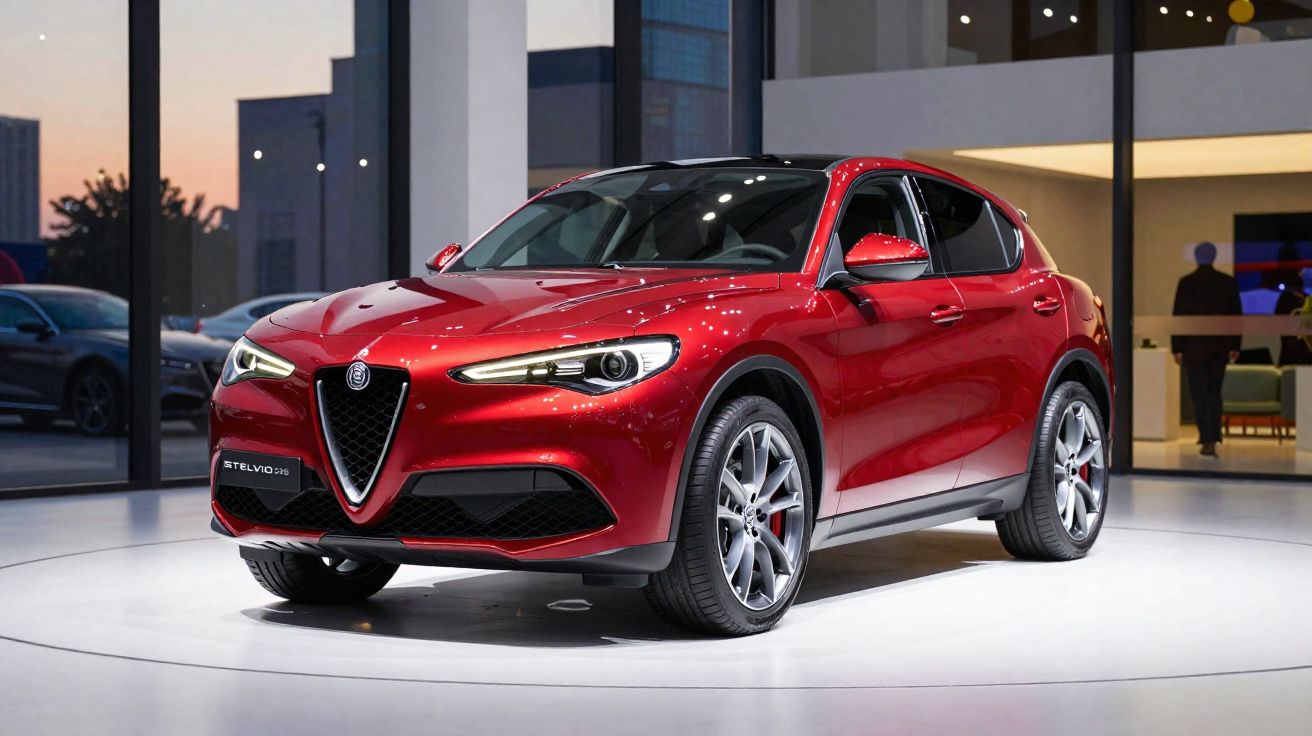 Carro SUV Alfa Romeo Stelvio vermelho em exposição interna com reflexos de luz.