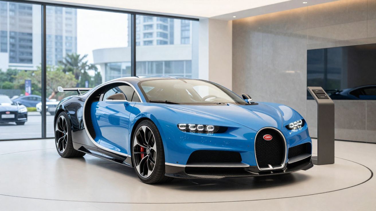 Carro esportivo azul Bugatti Chiron exposto em showroom moderno com grandes janelas de vidro.
