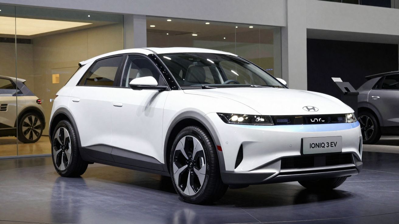 Carro elétrico Hyundai Ioniq 3 EV branco em exposição interna com iluminação moderna.