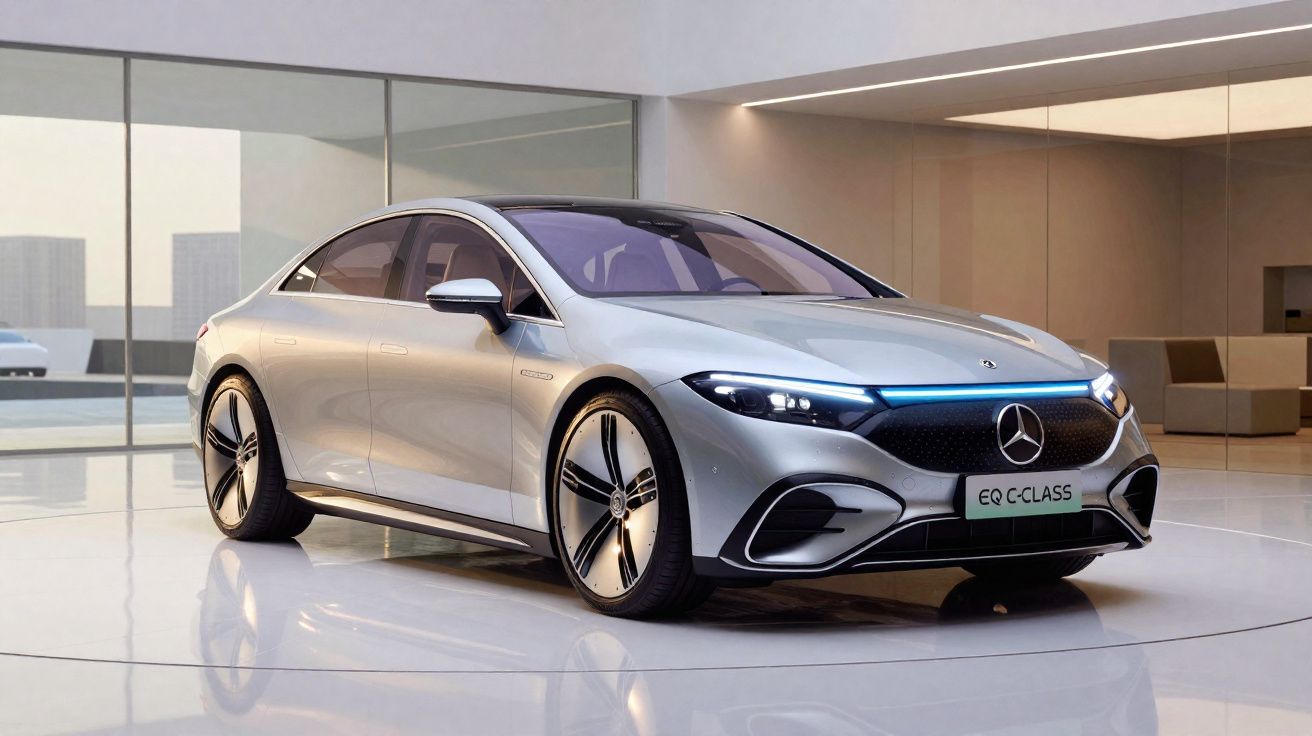 Carro elétrico Mercedes-Benz EQ C-Class prata em showroom moderno com piso espelhado.