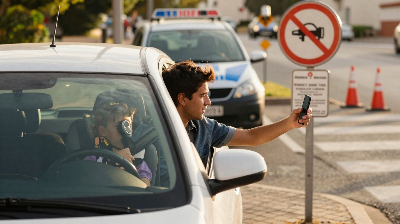 Jovem com aparelho em mão mede álcool no bafômetro enquanto criança no banco do motorista observa.