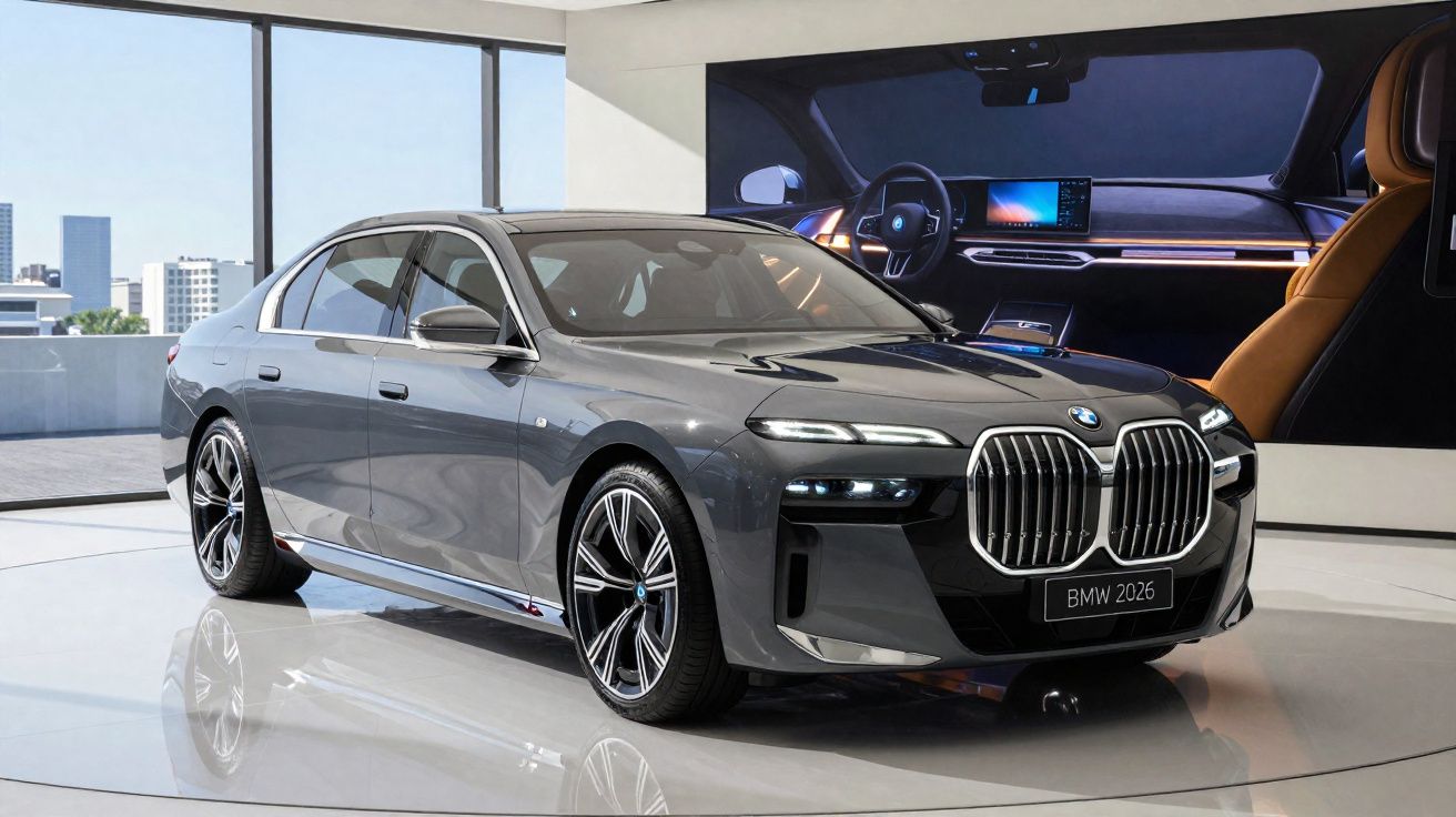 Carro sedã BMW cinza modelo 2026 exibido em salão com painel tecnológico ao fundo.