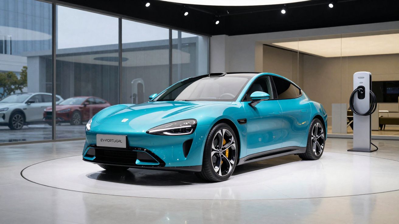Carro elétrico azul em pedestal dentro de loja moderna com estação de carregamento próxima.