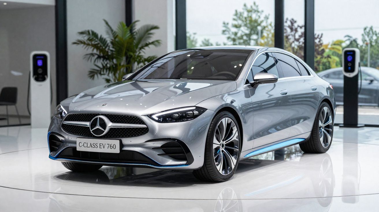 Mercedes-Benz C-Class EV 760 prata estacionado em showroom moderno com pontos de recarga ao fundo.
