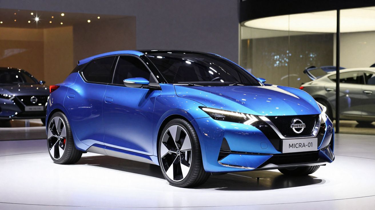 Carro elétrico Nissan Micra-01 azul em exposição, com design moderno e rodas esportivas.