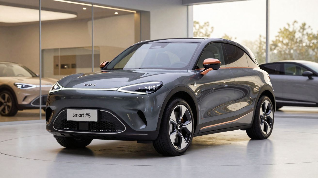 Carro elétrico Smart #5 cinza com detalhes laranja em exibição dentro de showroom moderno.