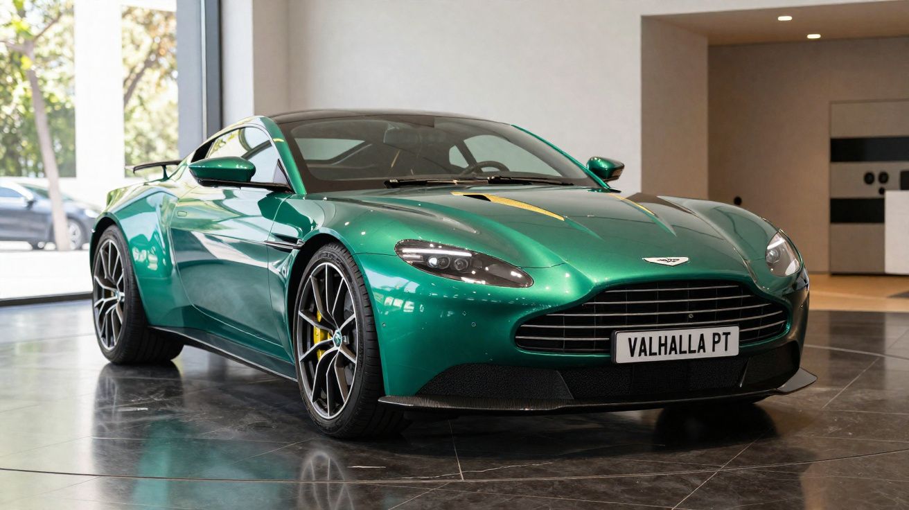 Carro esportivo Aston Martin verde metálico estacionado em ambiente interno com piso refletivo.