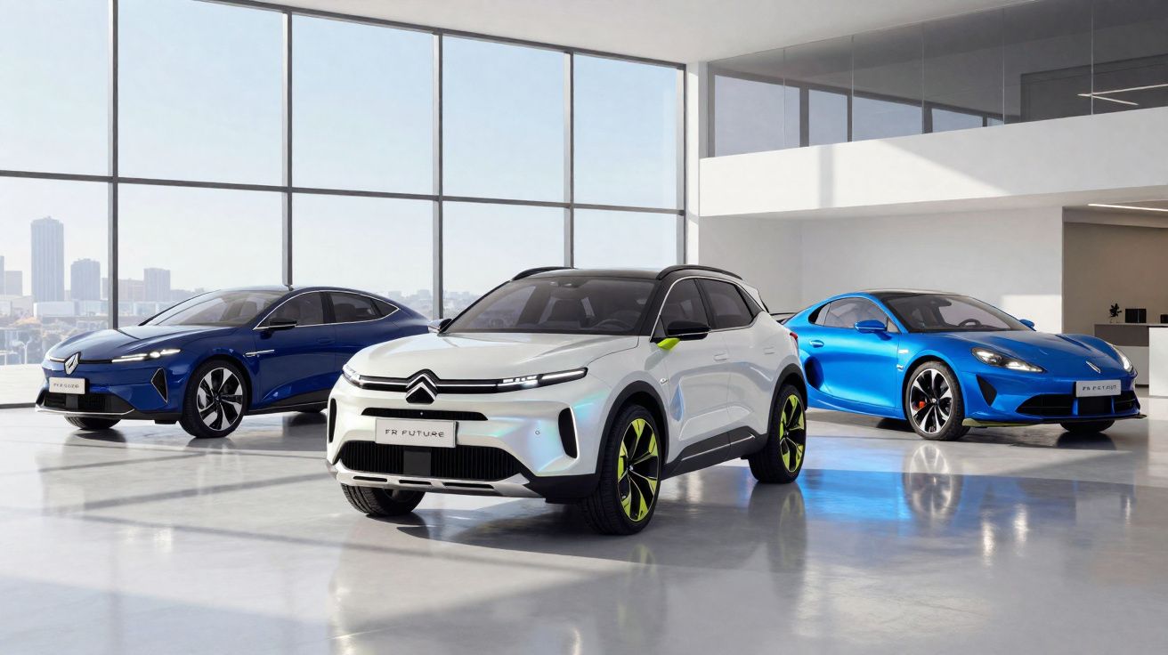 Três carros elétricos modernos em showroom, destacando SUV branco e sedans azuis com design futurista.