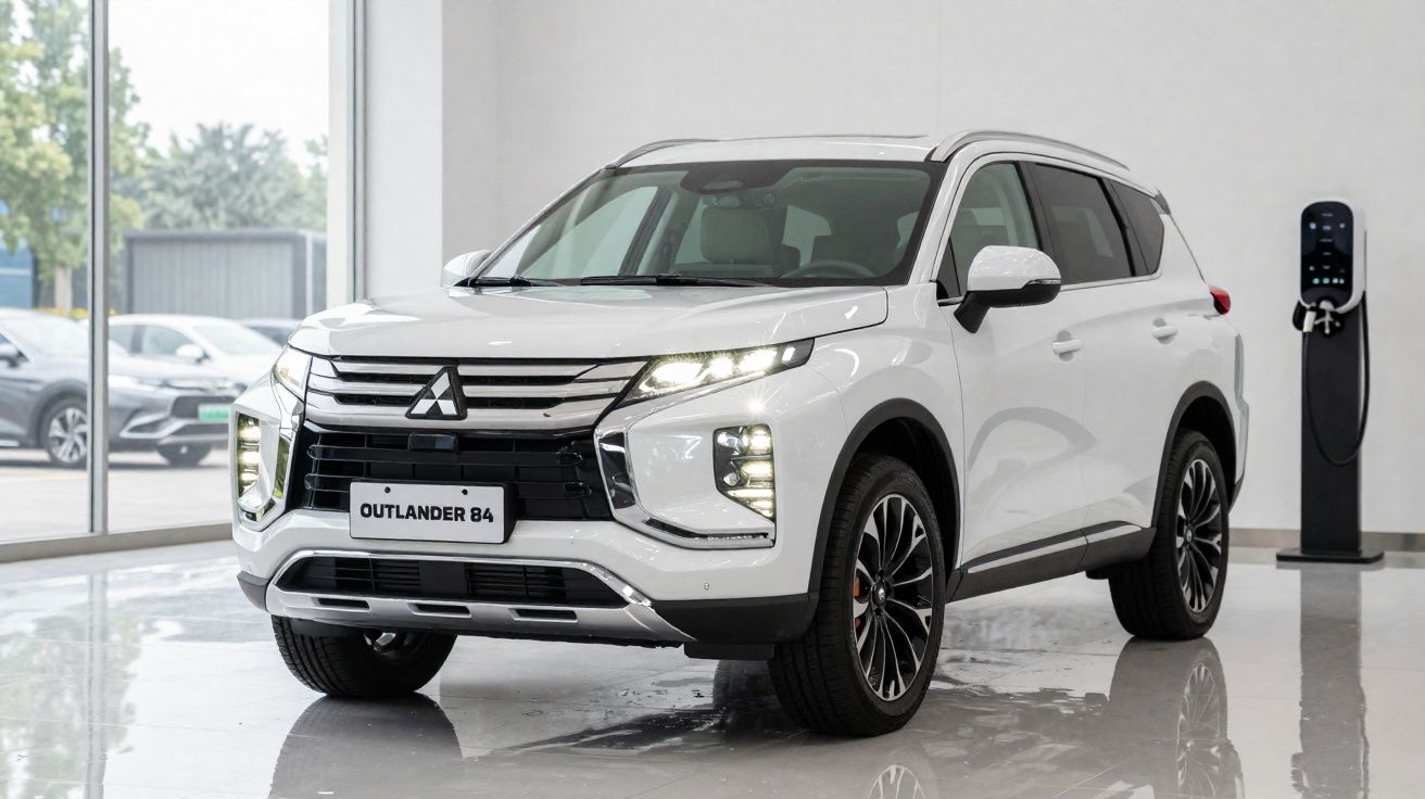 Carro SUV branco Mitsubishi Outlander 84 estacionado em showroom moderno com estação de recarga elétrica.