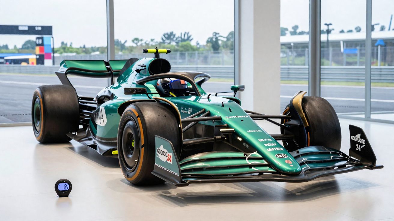 Carro de Fórmula 1 verde exibido em ambiente interno com vista para pista através de grandes janelas.