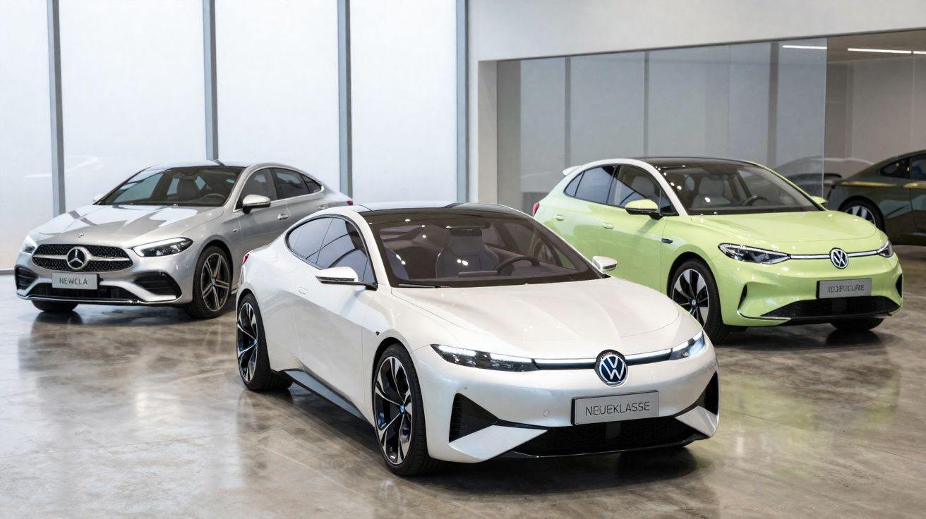 Três carros modernos em showroom: dois Volkswagen elétricos branco e verde e um Mercedes-Benz prata.
