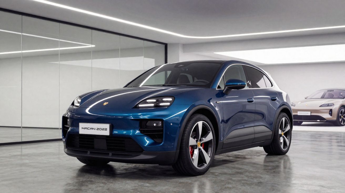 Carro elétrico Porsche Macan 2022 azul em sala de exposição moderna com piso cinza e paredes brancas.