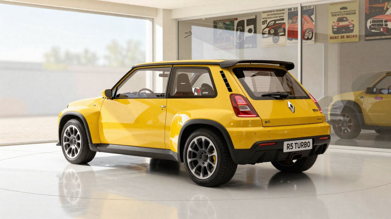 Carro esportivo amarelo Renault R5 Turbo em exposição interna com paredes claras e pôsteres na parede.