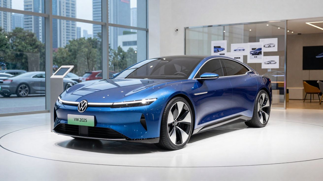 Carro elétrico Volkswagen azul modelo VW 2025 exibido em showroom moderno com grandes janelas.