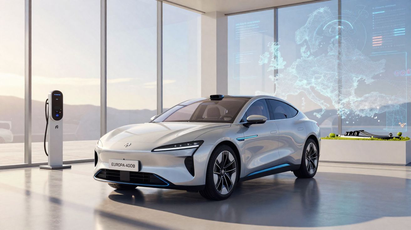 Carro elétrico moderno prata Europa 400B em showroom com estação de carregamento e mapa digital projetado na janela.