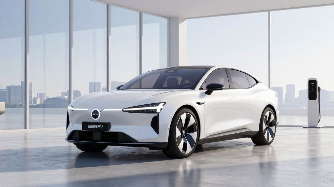 Carro elétrico branco moderno estacionado em ambiente interno com carregador ao fundo e vista urbana.