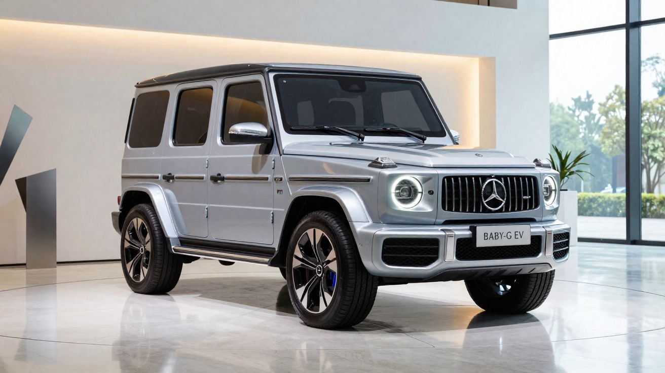 SUV elétrico prata Mercedes-Benz Baby-G EV estacionado em ambiente interno moderno.