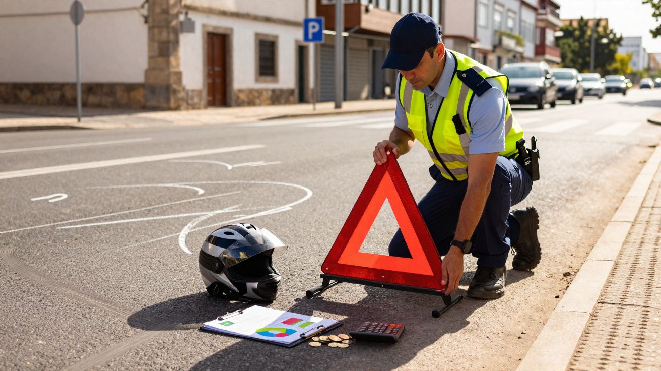 Policial de trânsito coloca triângulo de segurança próximo a capacete e documentos numa rua urbana.