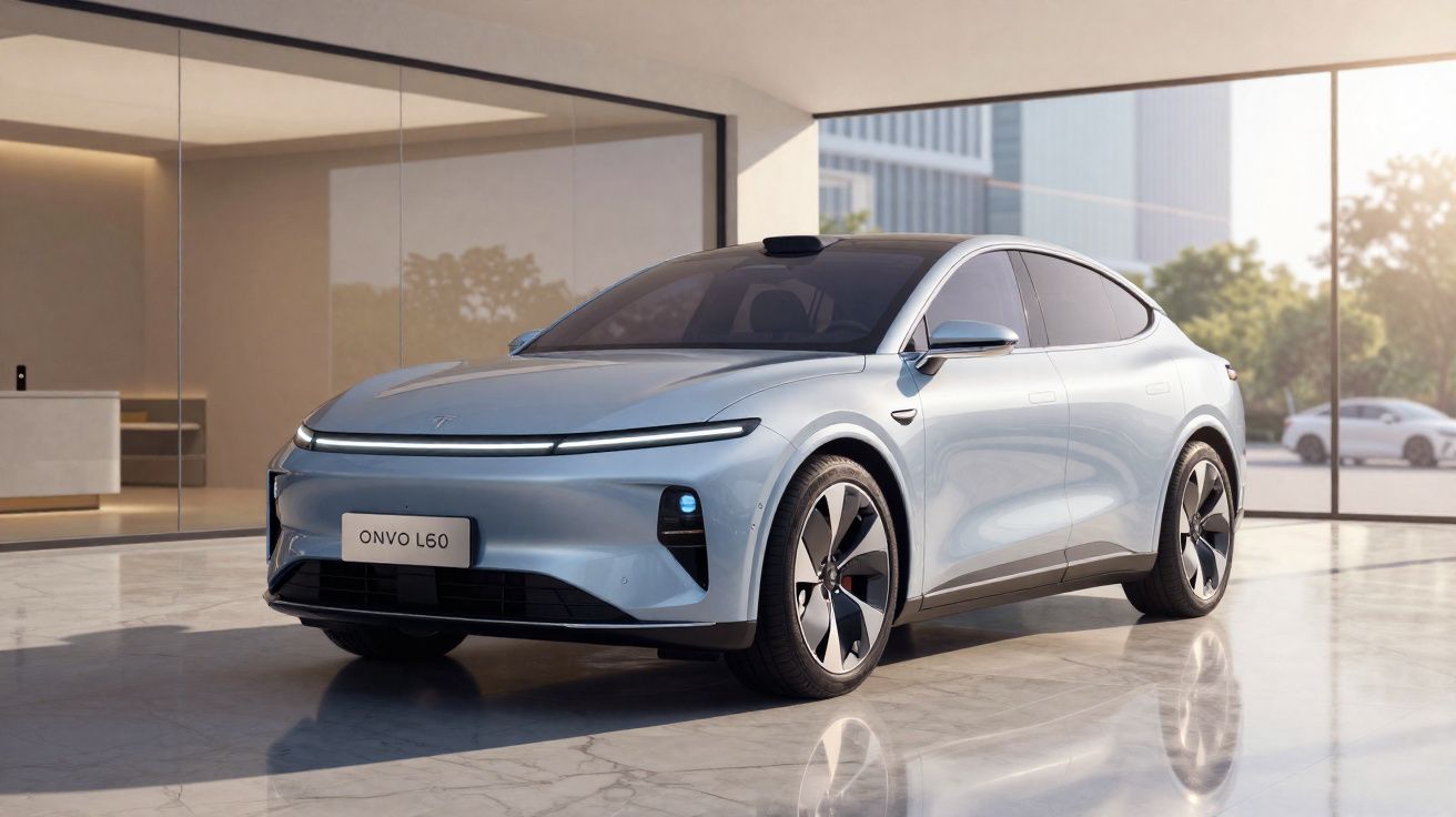 Carro elétrico prata Onvo L60 em showroom moderno com vidro panorâmico e piso de mármore.