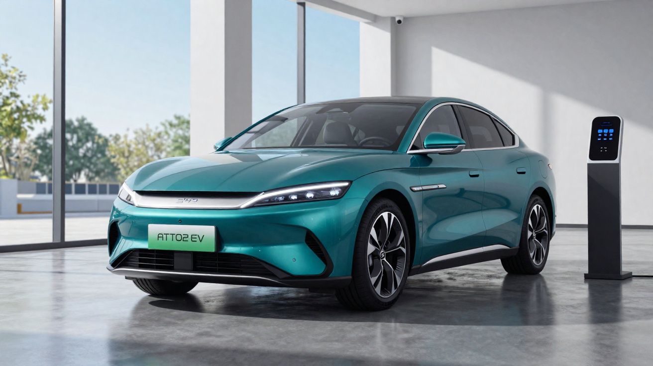 Carro elétrico verde azul estacionado ao lado de carregador em ambiente interno moderno.