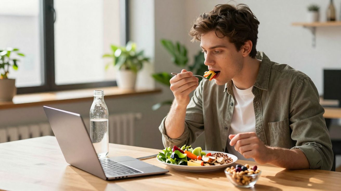 Jovem sentado à mesa comendo salada enquanto usa notebook em ambiente claro e arejado.