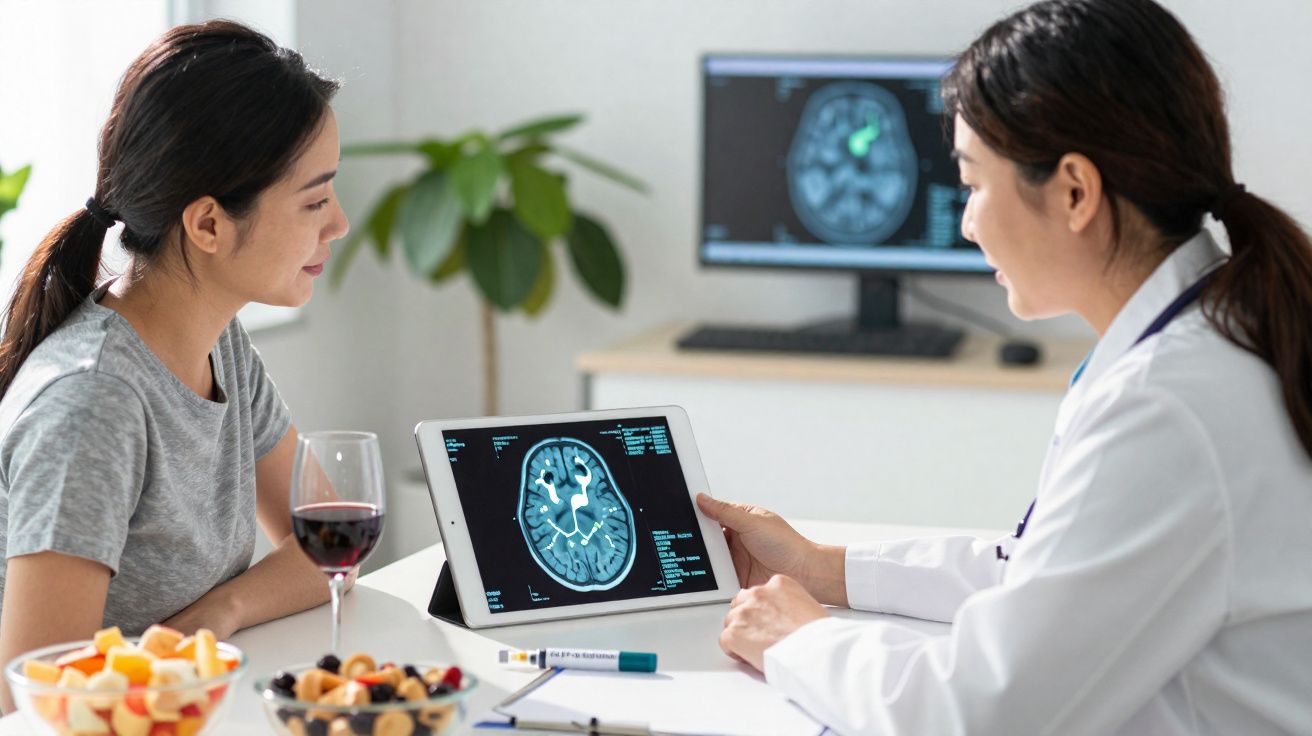 Médica mostrando exame cerebral em tablet para paciente durante consulta, com frutas e vinho na mesa.