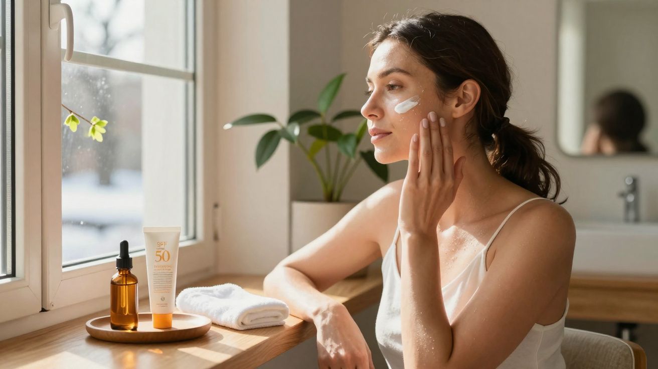 Mulher aplicando protetor solar no rosto em bancada com produtos de skincare ao lado da janela.
