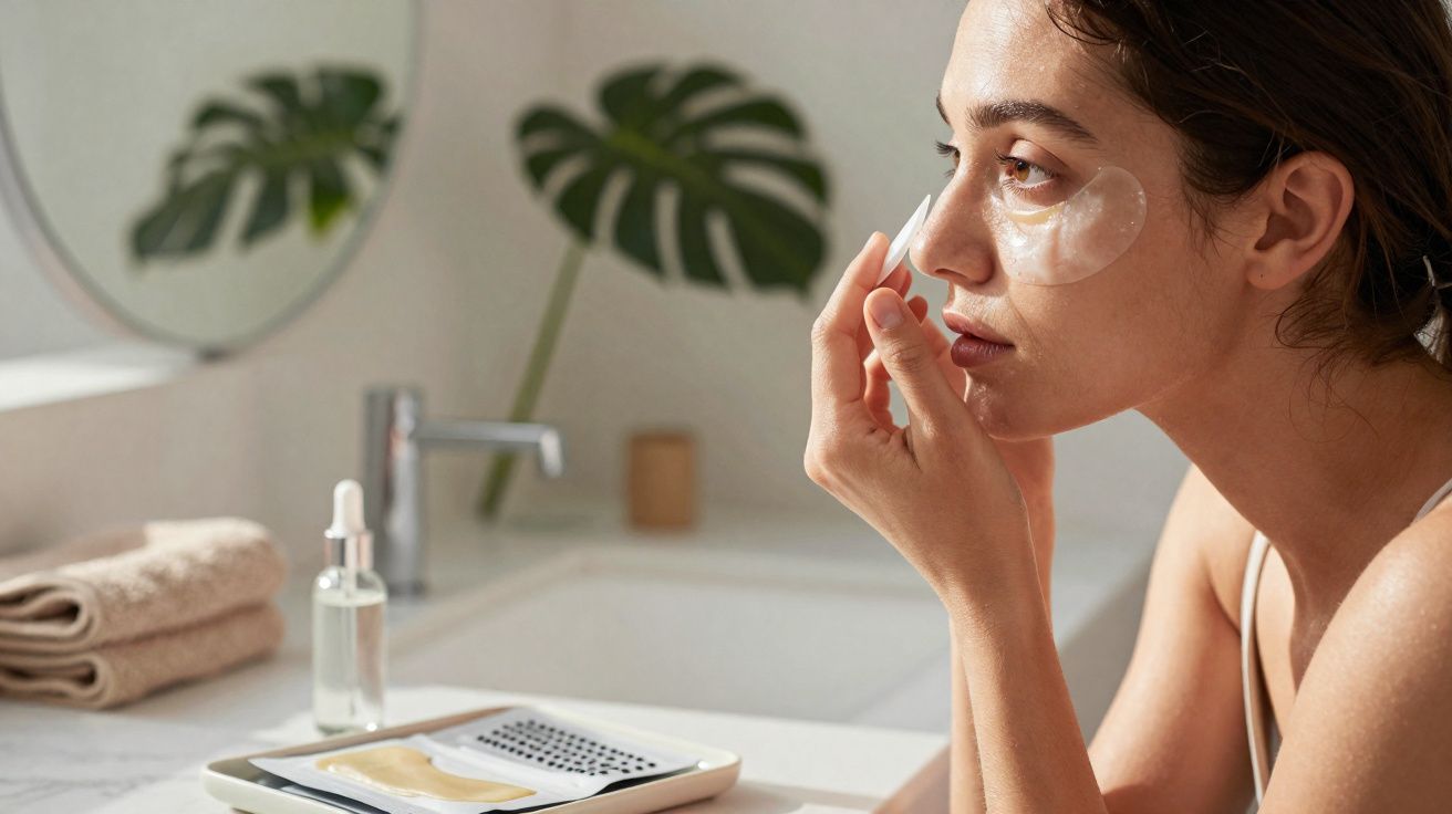 Mulher aplicando máscara sob os olhos no banheiro, com toalhas e produtos de beleza na bancada.