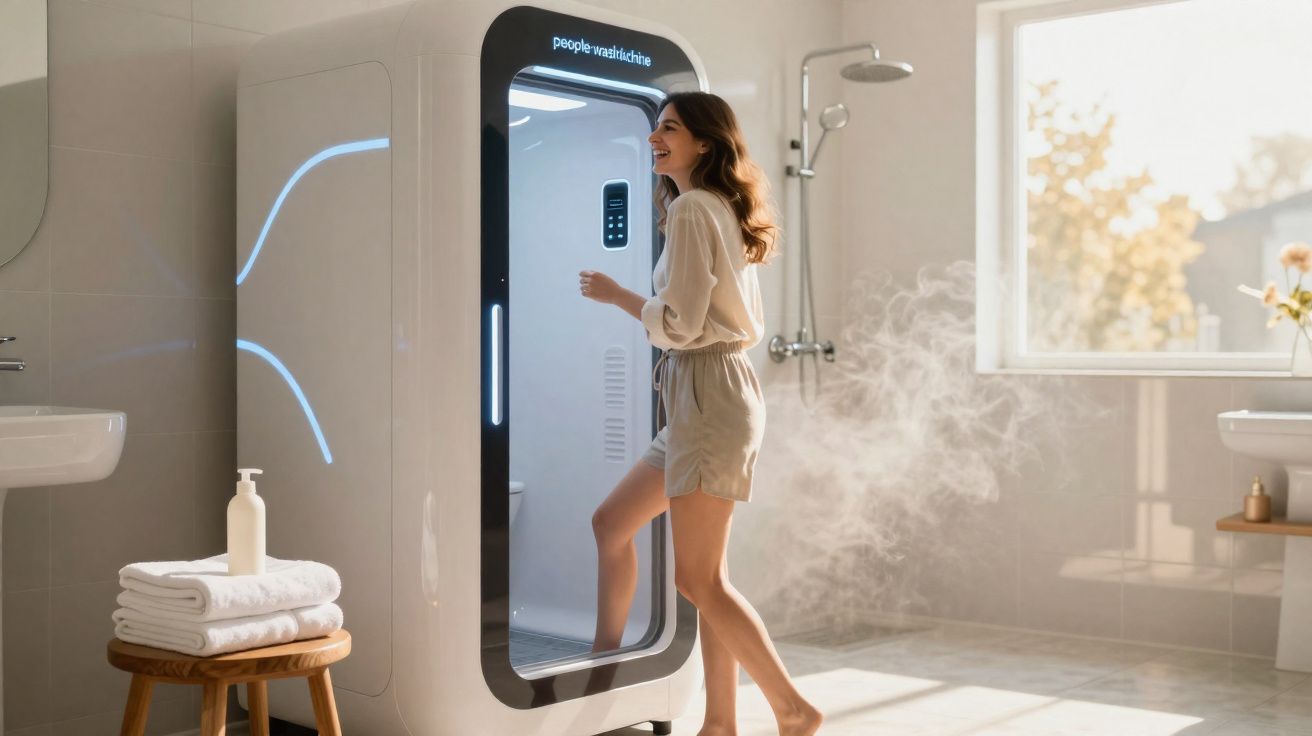 Mulher sorrindo prestes a entrar em cabine de banho a vapor moderna em banheiro iluminado.