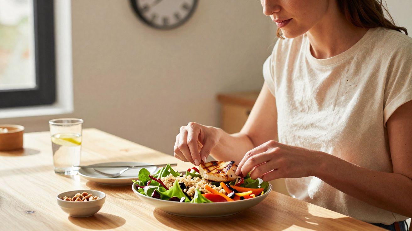 Mulher vestindo camiseta branca comendo salada saudável com legumes e frango grelhado em mesa de madeira.