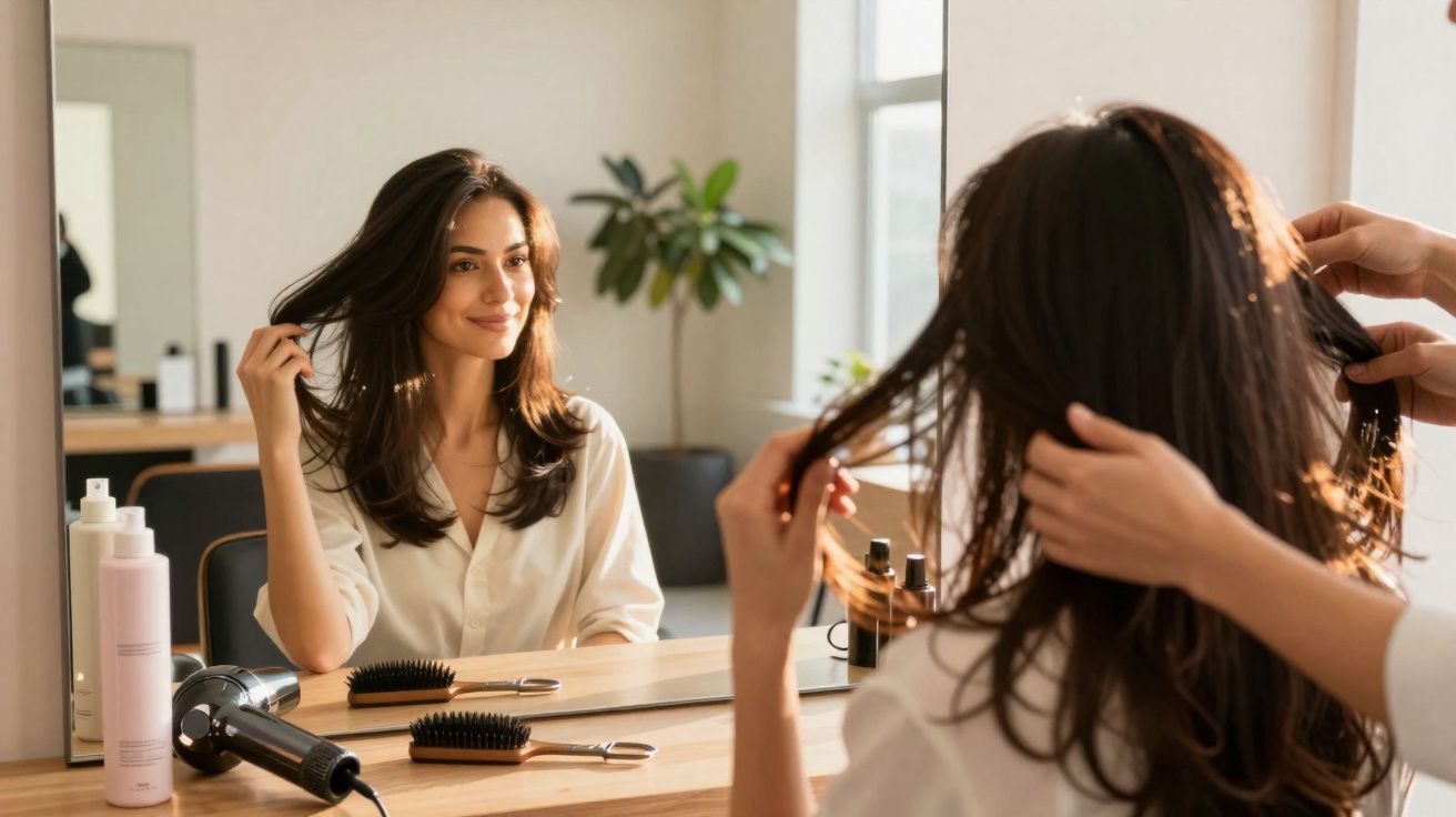 Mulher sorridente olhando seu cabelo no espelho enquanto é atendida em salão de beleza.